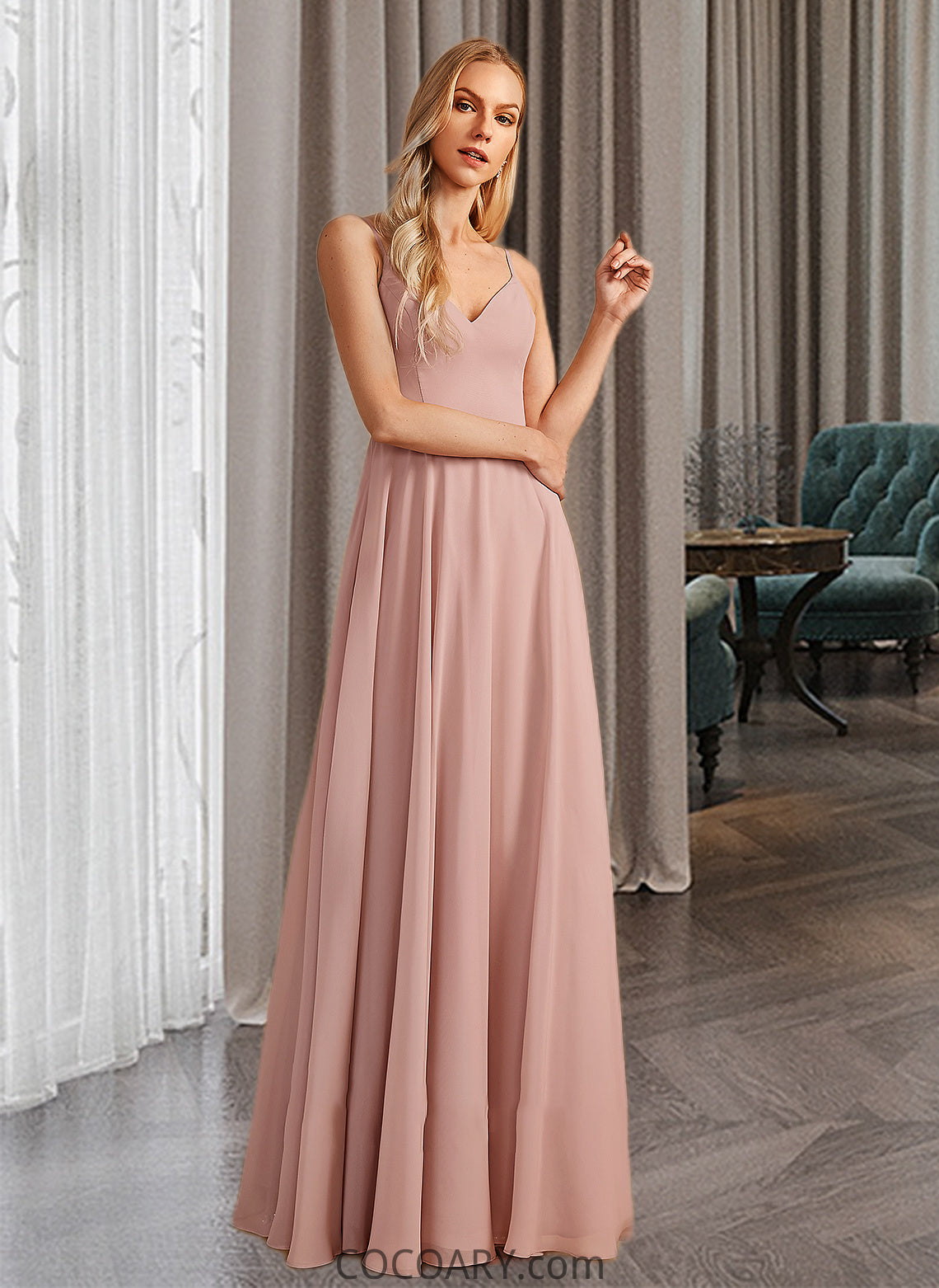 Riley A-Line V-neck Floor-Length Bridesmaid Dress With Lace DA8P0012975