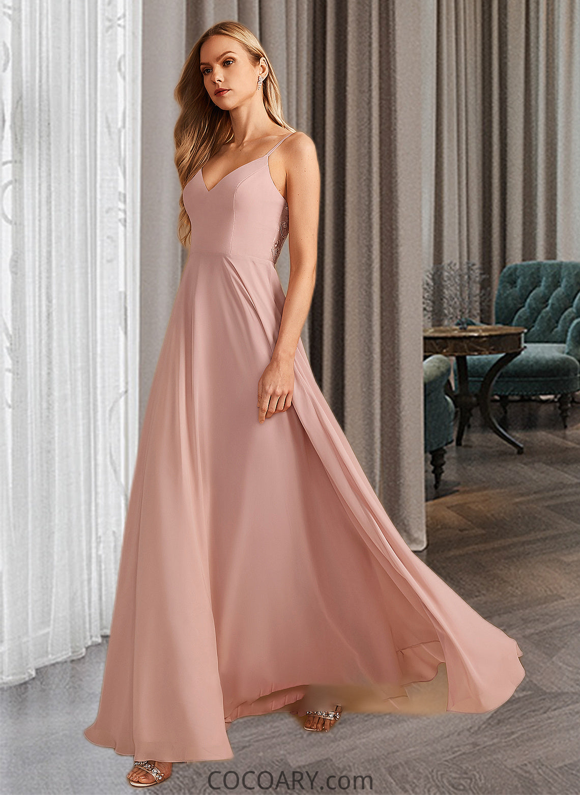 Riley A-Line V-neck Floor-Length Bridesmaid Dress With Lace DA8P0012975