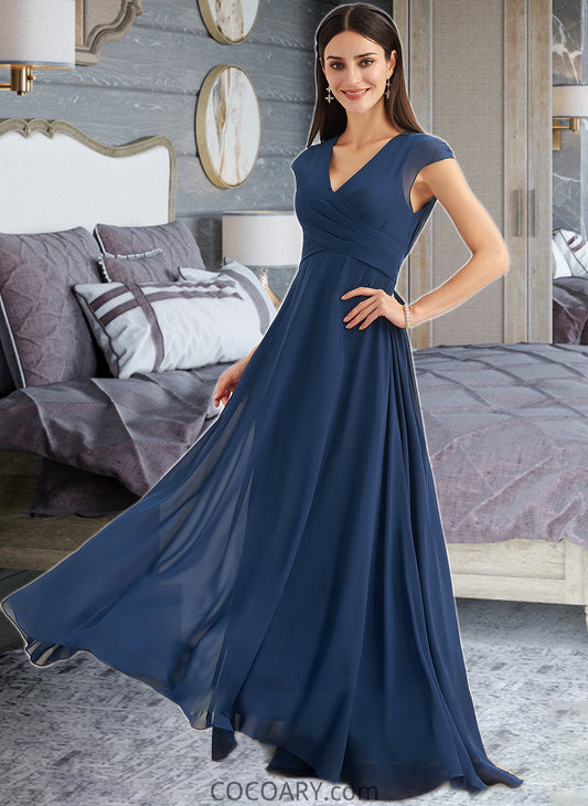 Kelsie A-Line V-neck Floor-Length Bridesmaid Dress With Ruffle DA8P0012986