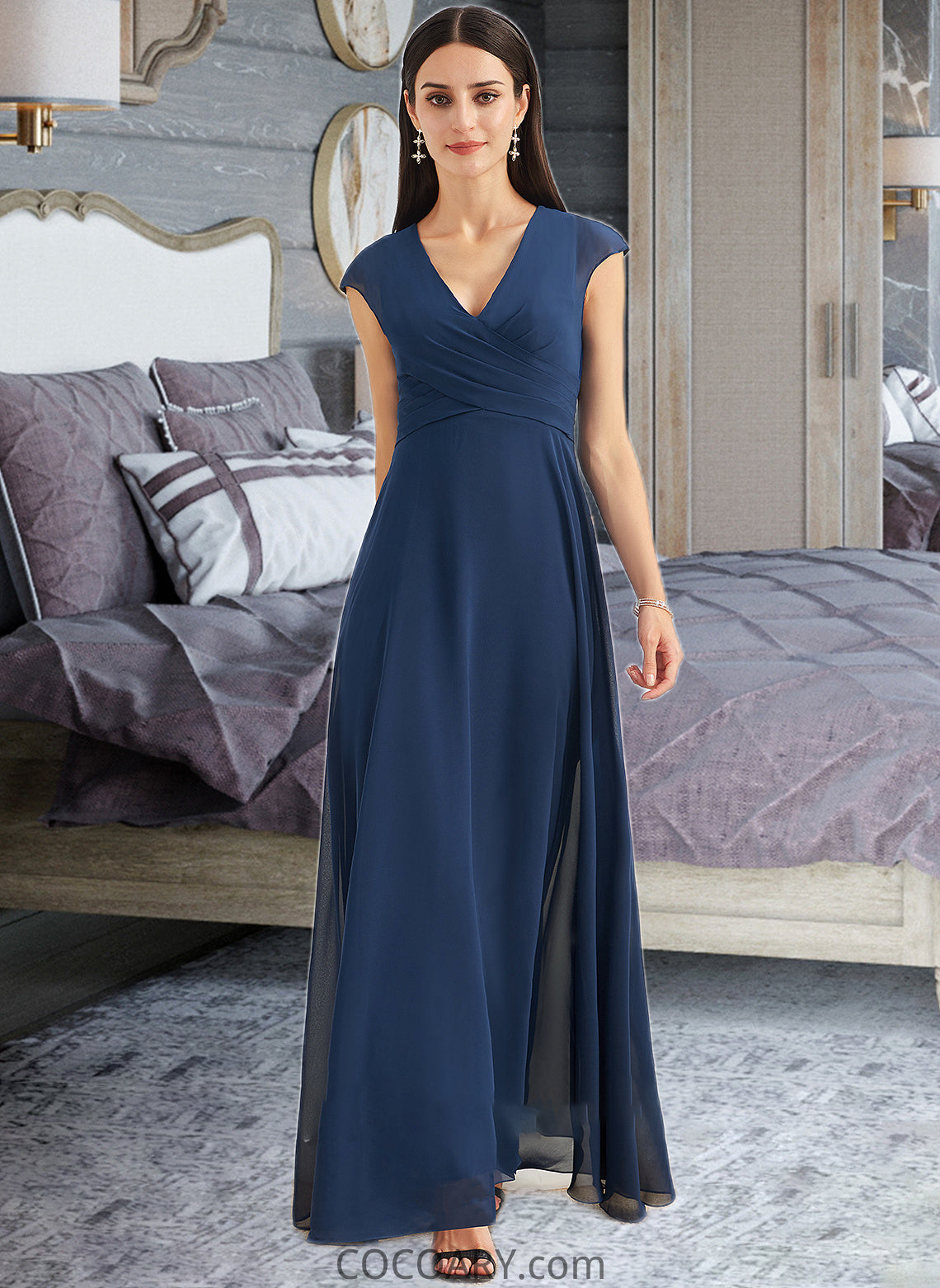 Kelsie A-Line V-neck Floor-Length Bridesmaid Dress With Ruffle DA8P0012986