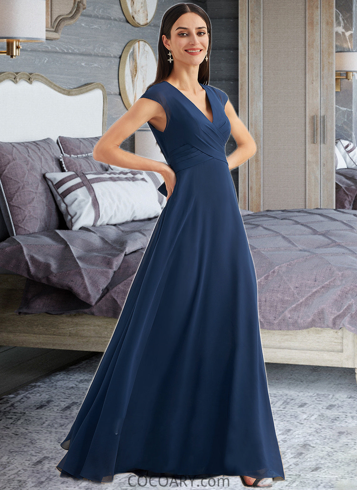 Kelsie A-Line V-neck Floor-Length Bridesmaid Dress With Ruffle DA8P0012986