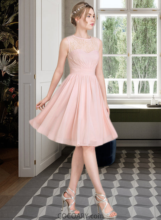 Ingrid A-Line Scoop Neck Knee-Length Chiffon Lace Bridesmaid Dress With Ruffle DA8P0012990