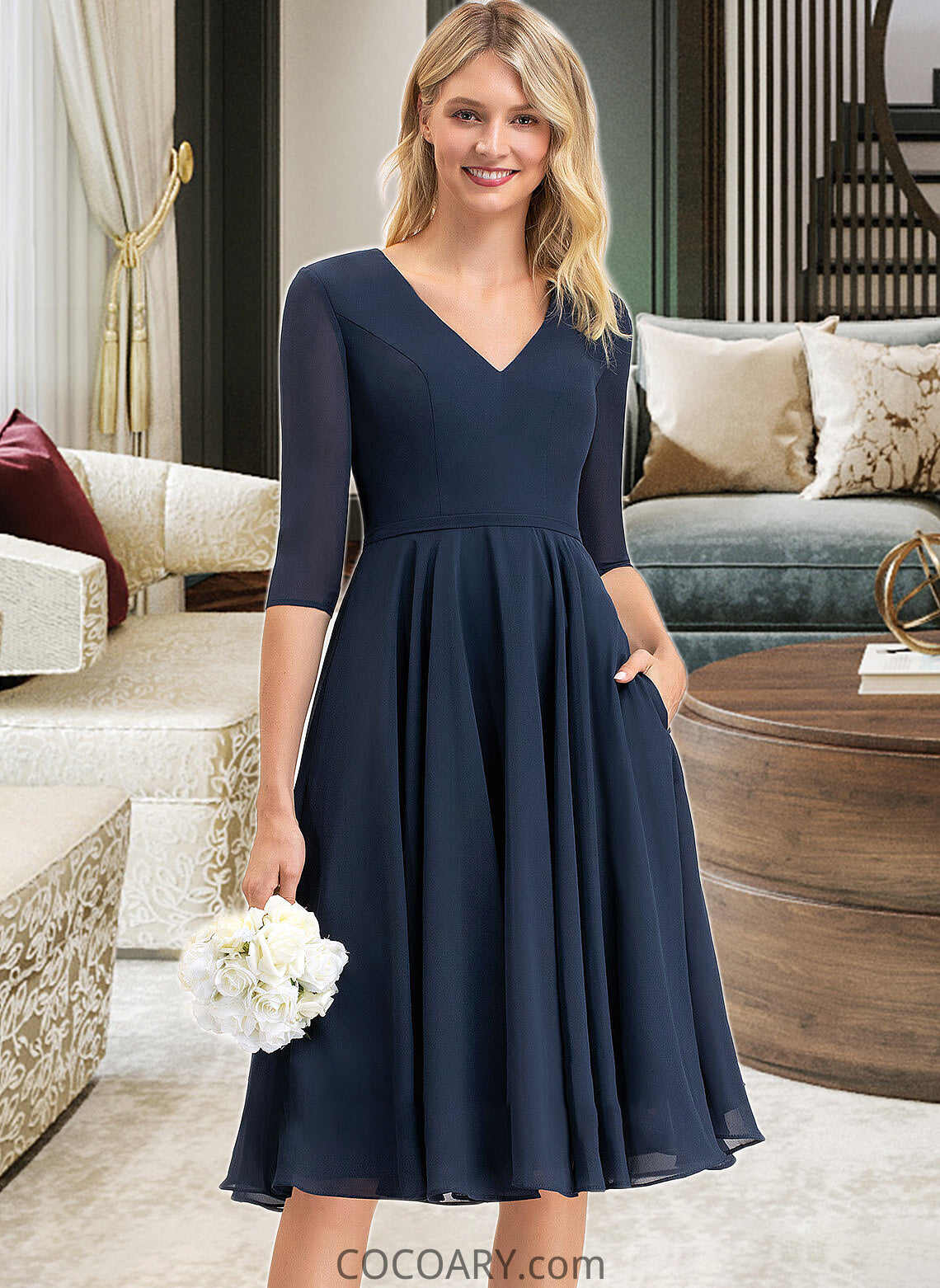 Carlee A-Line V-neck Knee-Length Chiffon Bridesmaid Dress With Pockets DA8P0012994