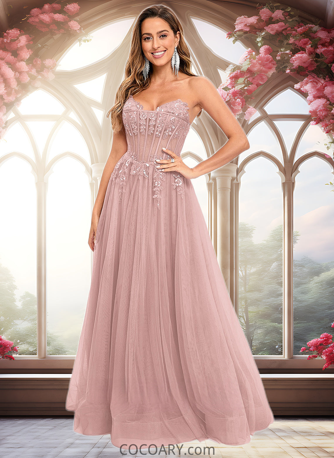 Charlize Ball-Gown/Princess V-Neck Floor-Length Tulle Prom Dresses With Sequins Appliques Lace DA8P0025837