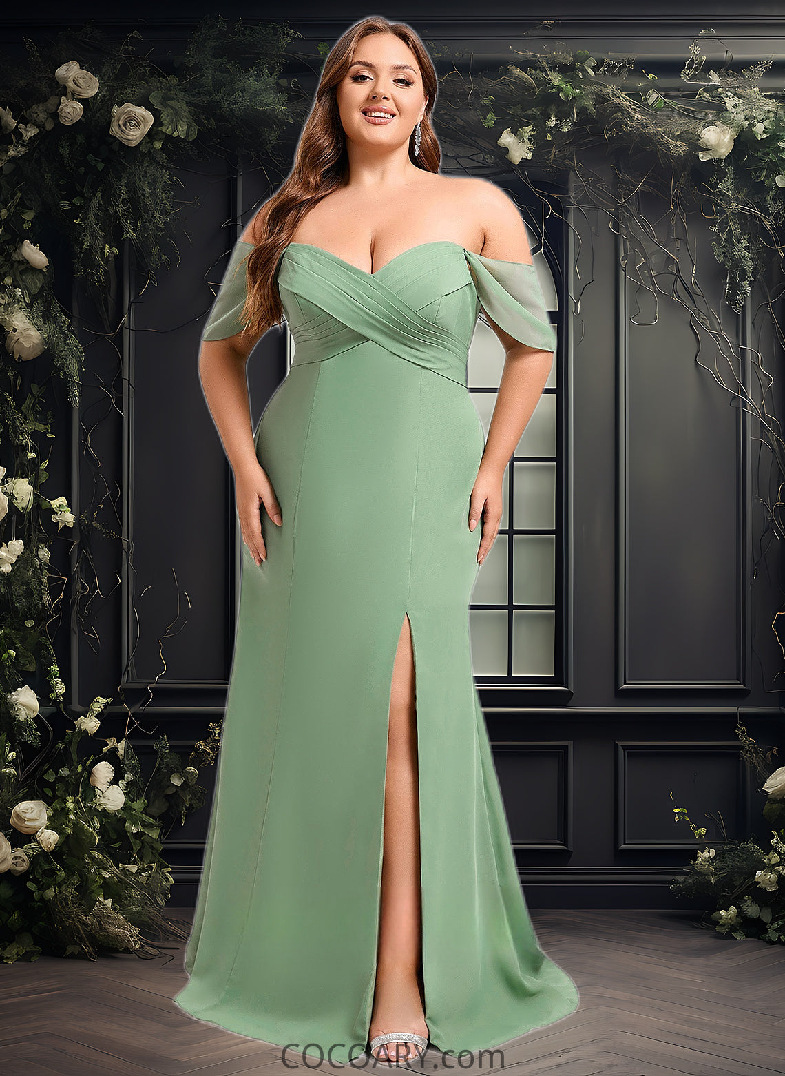 Yesenia Trumpet/Mermaid Off the Shoulder V-Neck Floor-Length Chiffon Bridesmaid Dress DA8P0025810