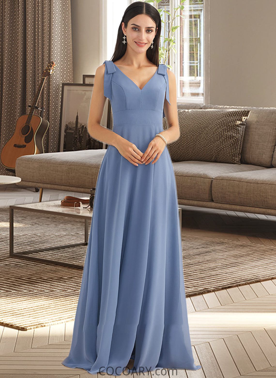 Milagros A-Line V-neck Floor-Length Bridesmaid Dress With Bow(s) Split Front DA8P0013001