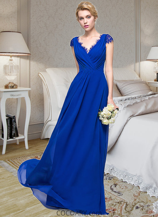 Sam A-Line V-neck Floor-Length Chiffon Bridesmaid Dress With Ruffle DA8P0013004