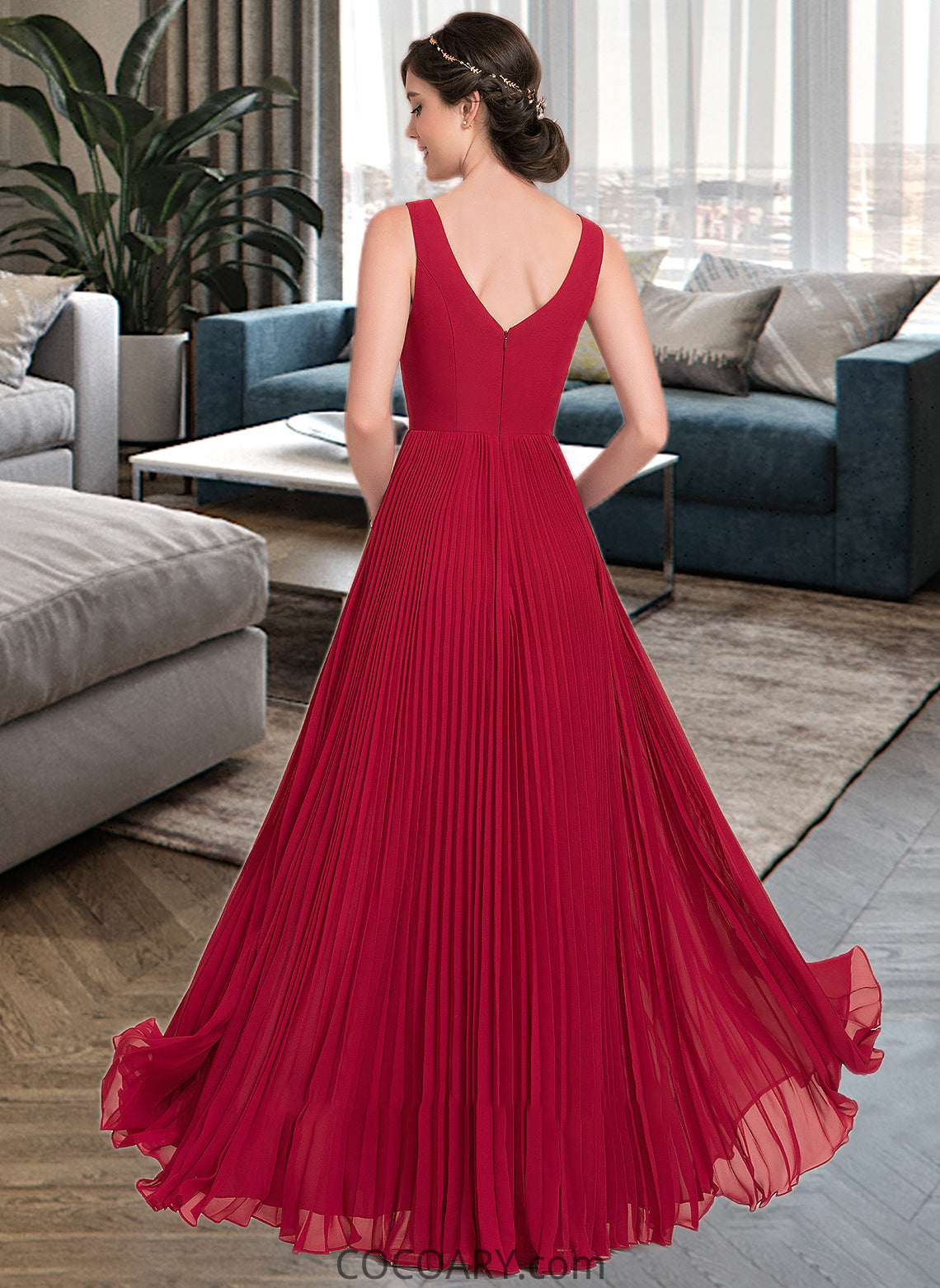 Monique A-Line V-neck Floor-Length Chiffon Bridesmaid Dress With Split Front Pleated DA8P0013007