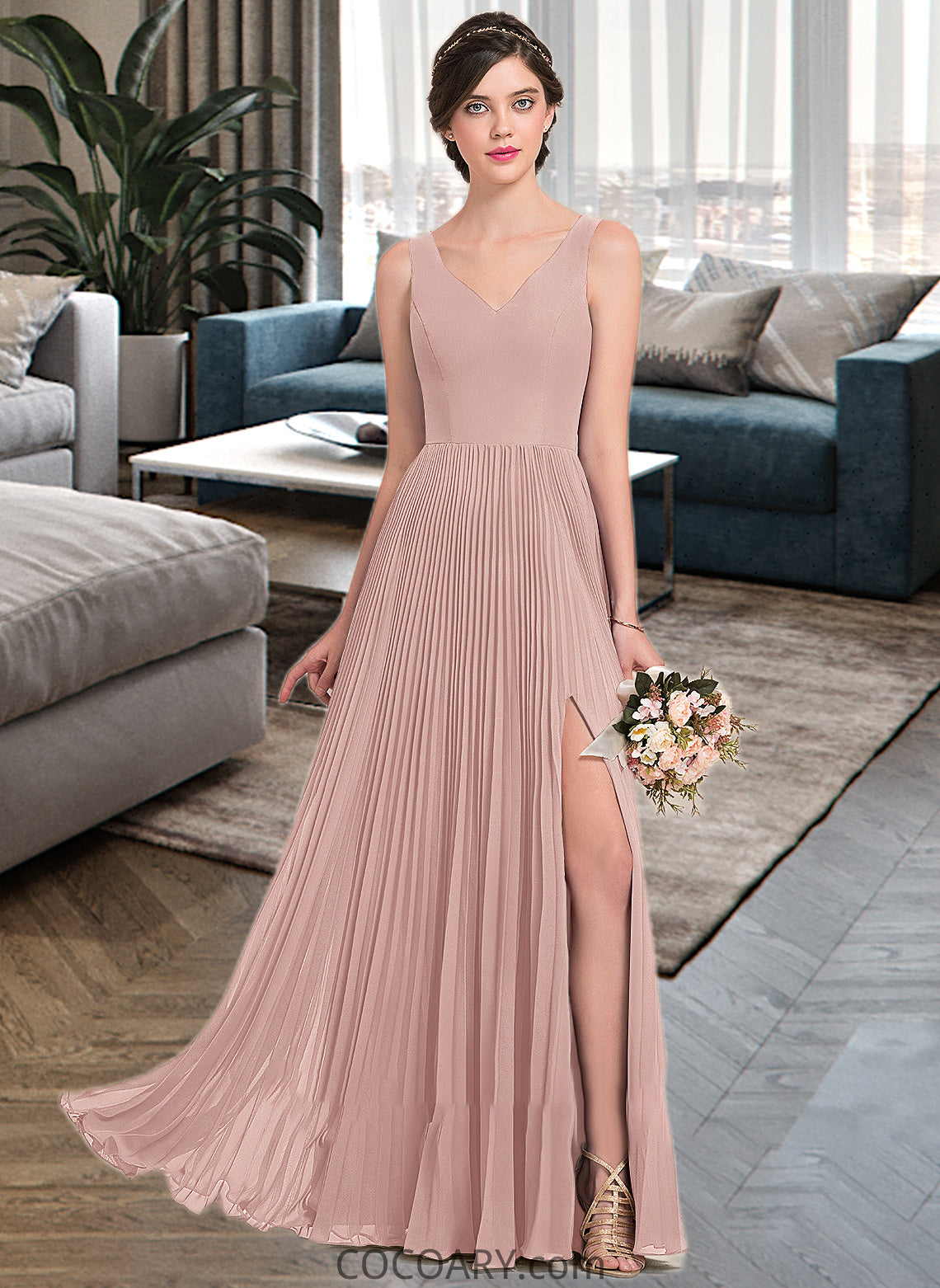 Monique A-Line V-neck Floor-Length Chiffon Bridesmaid Dress With Split Front Pleated DA8P0013007