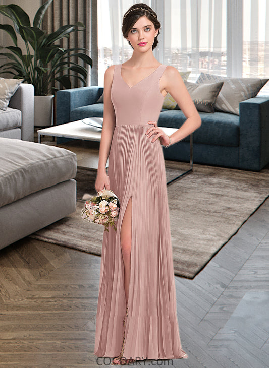 Monique A-Line V-neck Floor-Length Chiffon Bridesmaid Dress With Split Front Pleated DA8P0013007