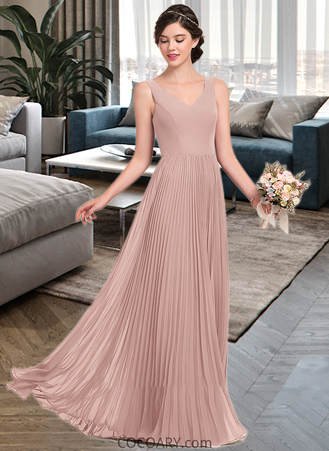 Monique A-Line V-neck Floor-Length Chiffon Bridesmaid Dress With Split Front Pleated DA8P0013007