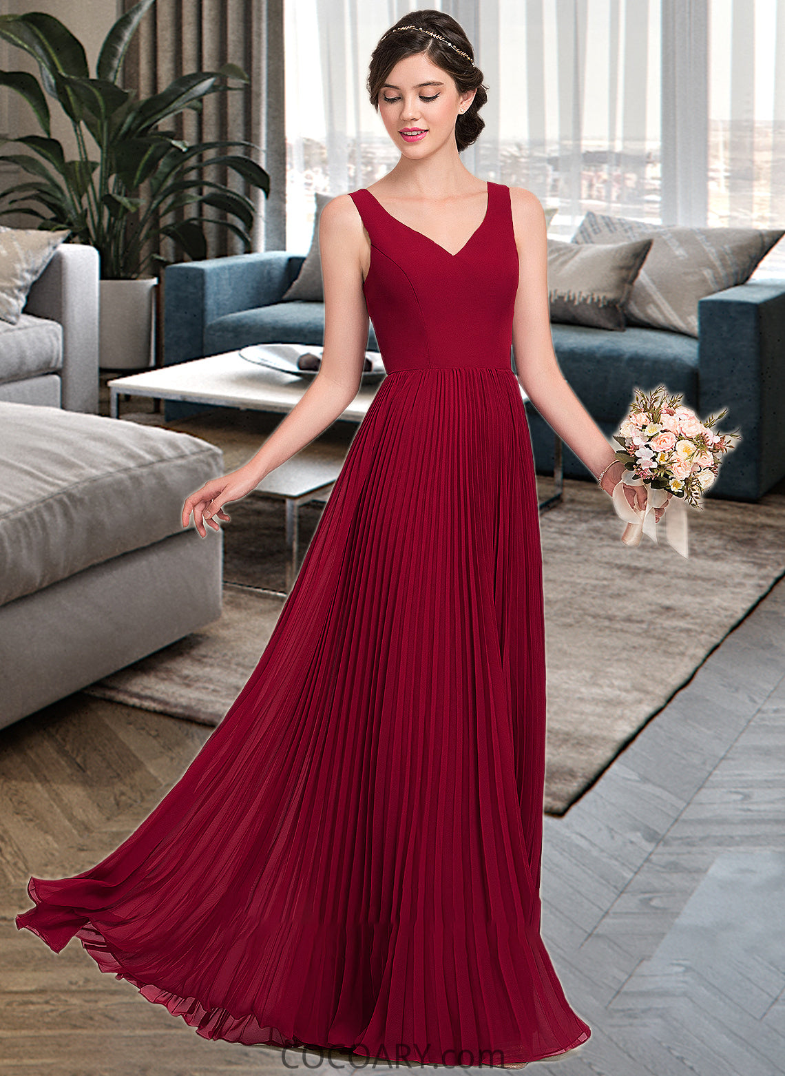 Monique A-Line V-neck Floor-Length Chiffon Bridesmaid Dress With Split Front Pleated DA8P0013007