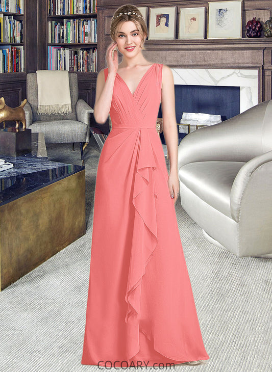 Cherish A-line V-Neck Floor-Length Chiffon Bridesmaid Dress With Cascading Ruffles DA8P0013021