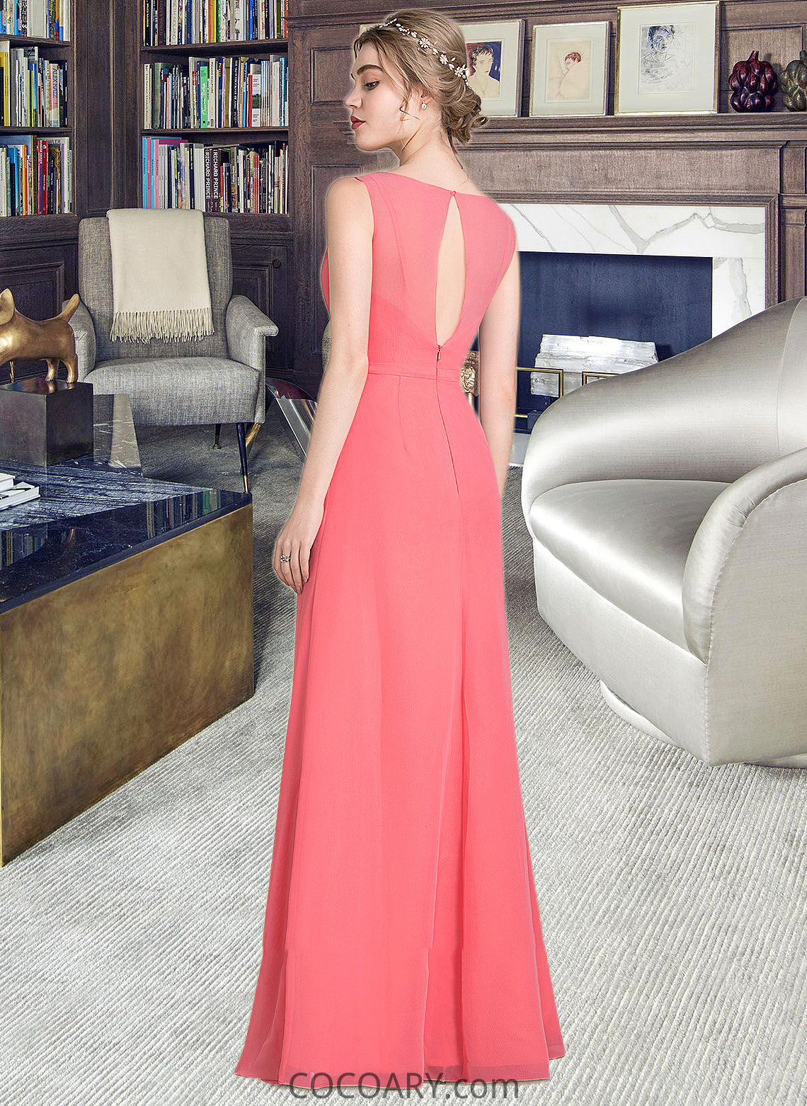 Cherish A-line V-Neck Floor-Length Chiffon Bridesmaid Dress With Cascading Ruffles DA8P0013021