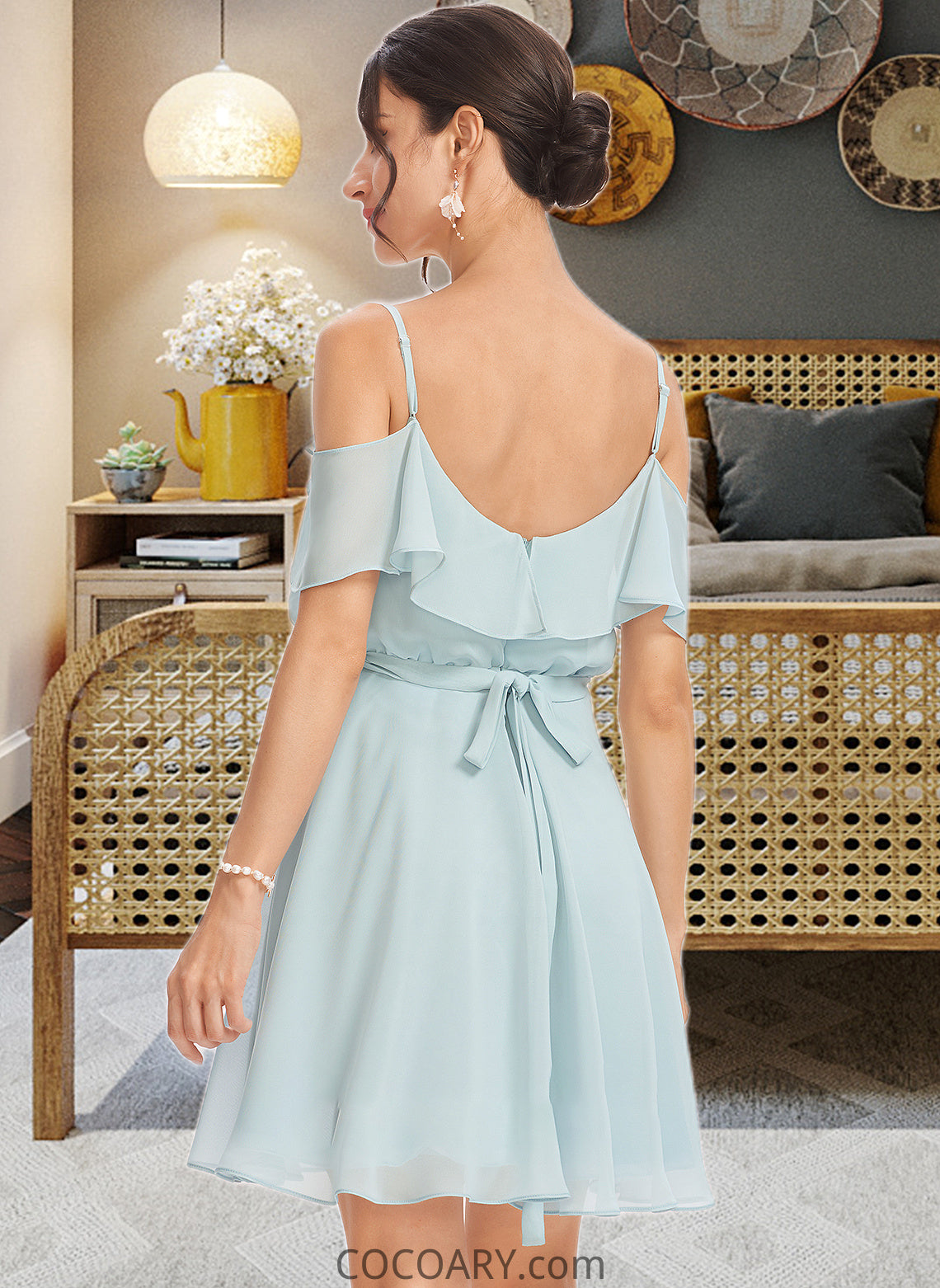 Cierra A-Line V-neck Short/Mini Bridesmaid Dress With Cascading Ruffles DA8P0013023