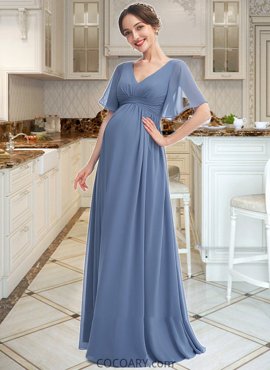 Sidney A-Line V-neck Floor-Length Bridesmaid Dress With Ruffle DA8P0013024