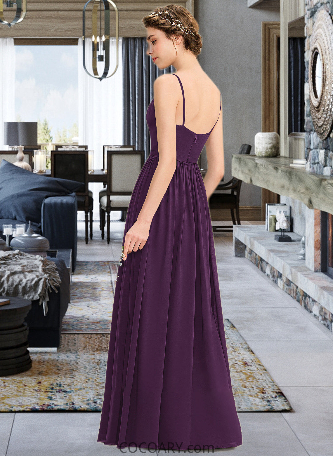 Jazlyn A-Line V-neck Floor-Length Chiffon Bridesmaid Dress With Beading Sequins Split Front Pockets DA8P0013028