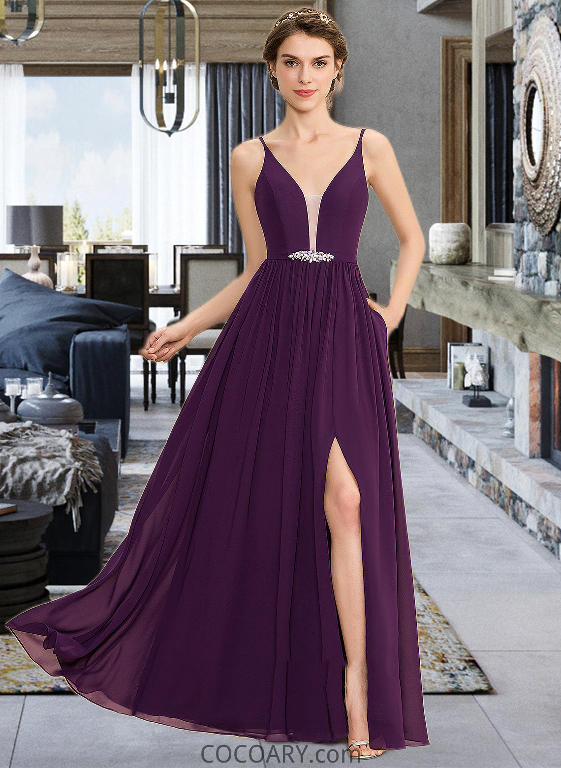 Jazlyn A-Line V-neck Floor-Length Chiffon Bridesmaid Dress With Beading Sequins Split Front Pockets DA8P0013028