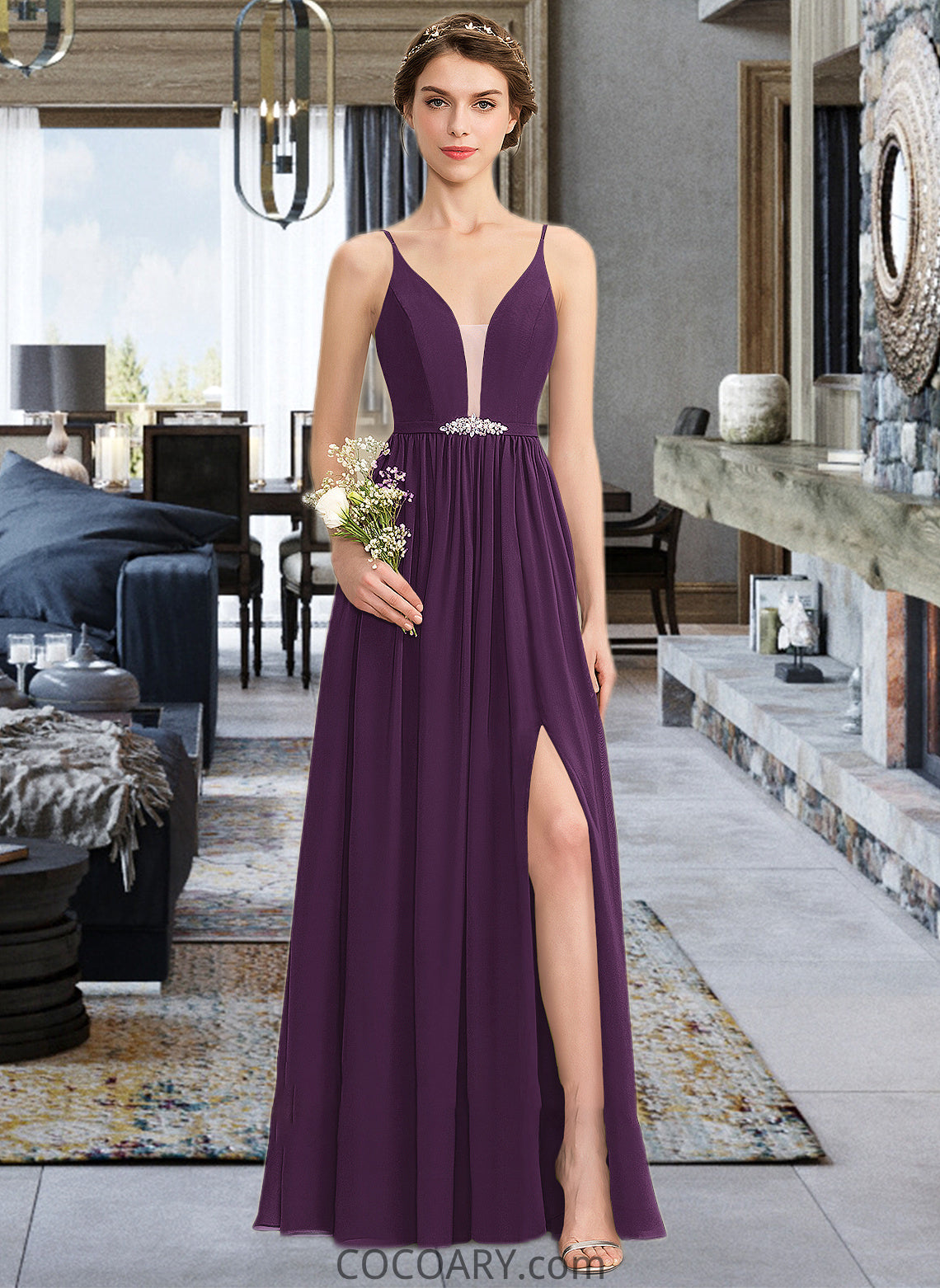 Jazlyn A-Line V-neck Floor-Length Chiffon Bridesmaid Dress With Beading Sequins Split Front Pockets DA8P0013028