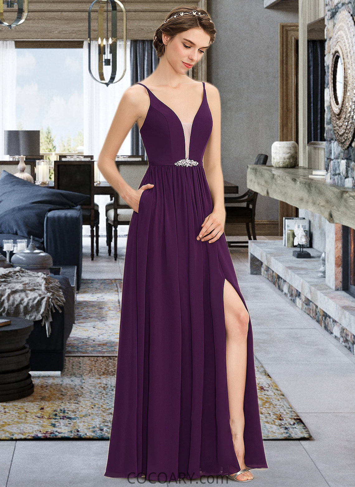 Jazlyn A-Line V-neck Floor-Length Chiffon Bridesmaid Dress With Beading Sequins Split Front Pockets DA8P0013028