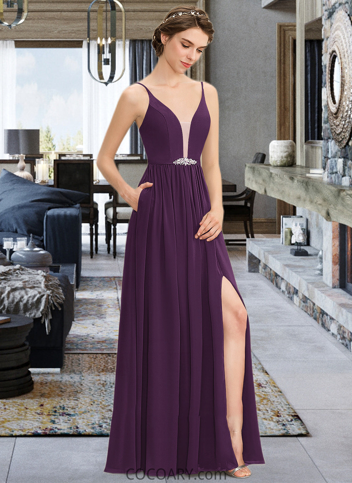 Jazlyn A-Line V-neck Floor-Length Chiffon Bridesmaid Dress With Beading Sequins Split Front Pockets DA8P0013028