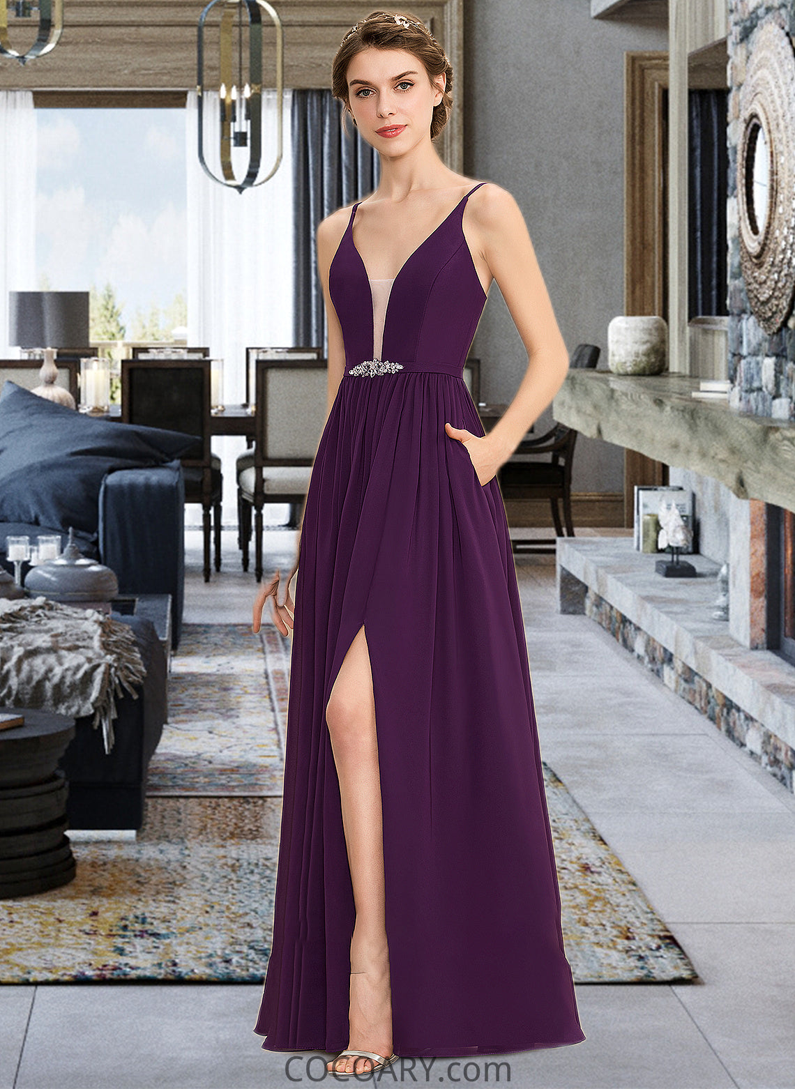 Jazlyn A-Line V-neck Floor-Length Chiffon Bridesmaid Dress With Beading Sequins Split Front Pockets DA8P0013028