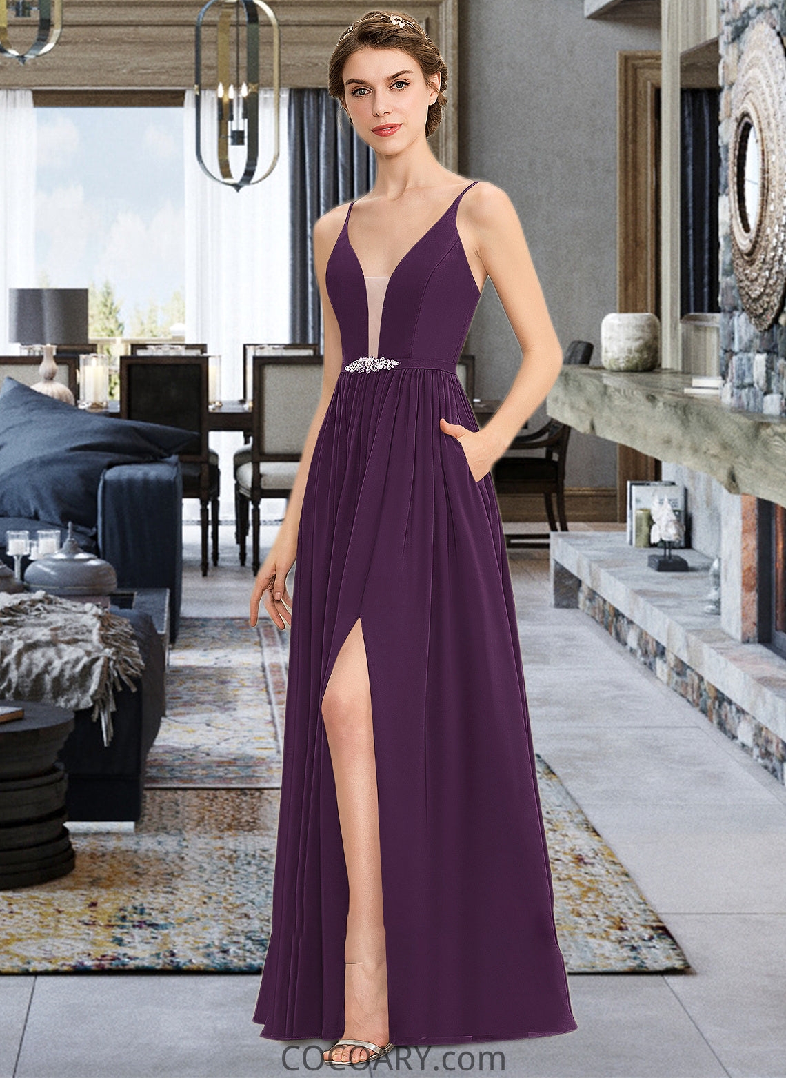 Jazlyn A-Line V-neck Floor-Length Chiffon Bridesmaid Dress With Beading Sequins Split Front Pockets DA8P0013028