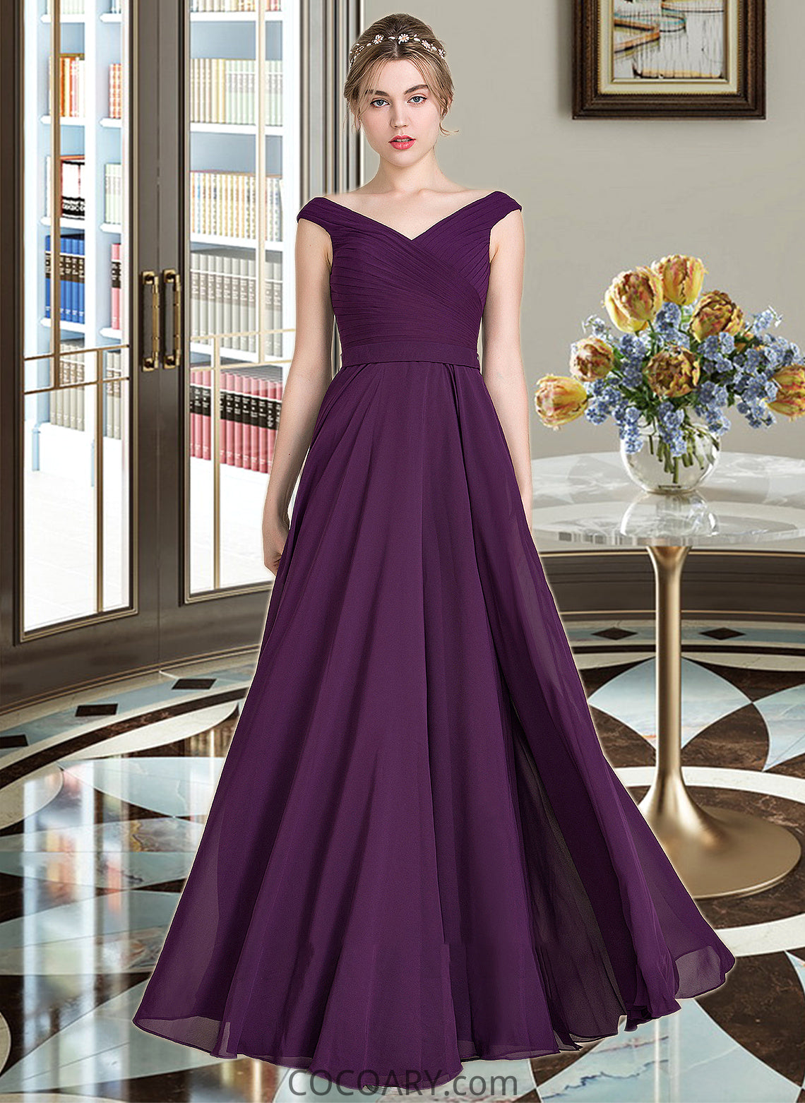 Stella A-line Off the Shoulder Floor-Length Chiffon Bridesmaid Dress With Ruffle DA8P0013029