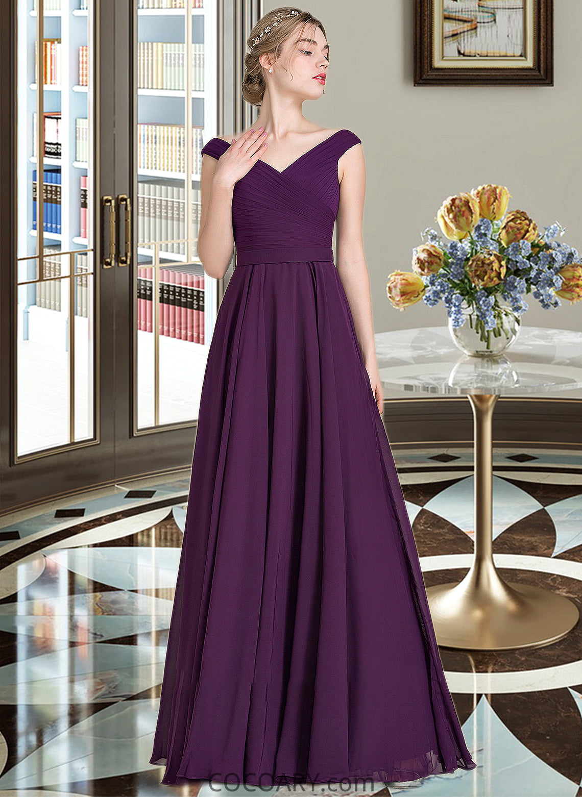 Stella A-line Off the Shoulder Floor-Length Chiffon Bridesmaid Dress With Ruffle DA8P0013029