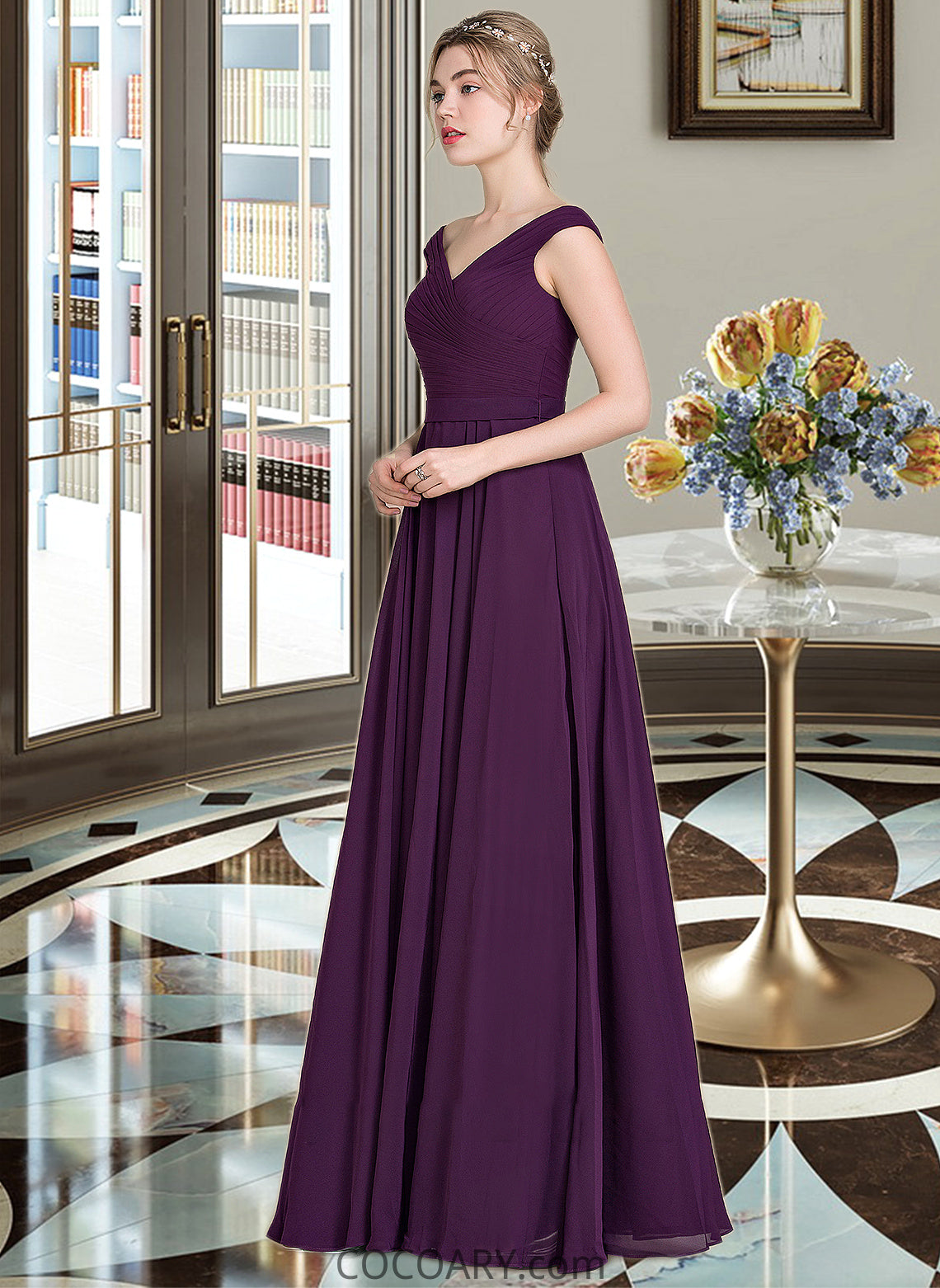 Stella A-line Off the Shoulder Floor-Length Chiffon Bridesmaid Dress With Ruffle DA8P0013029