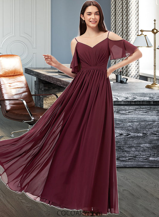 Hallie A-line V-Neck Floor-Length Chiffon Bridesmaid Dress With Ruffle DA8P0013031