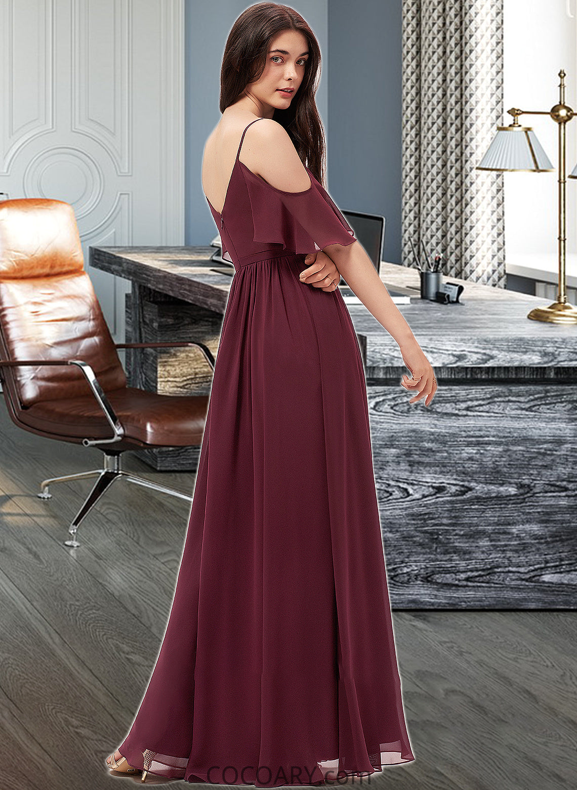 Hallie A-line V-Neck Floor-Length Chiffon Bridesmaid Dress With Ruffle DA8P0013031