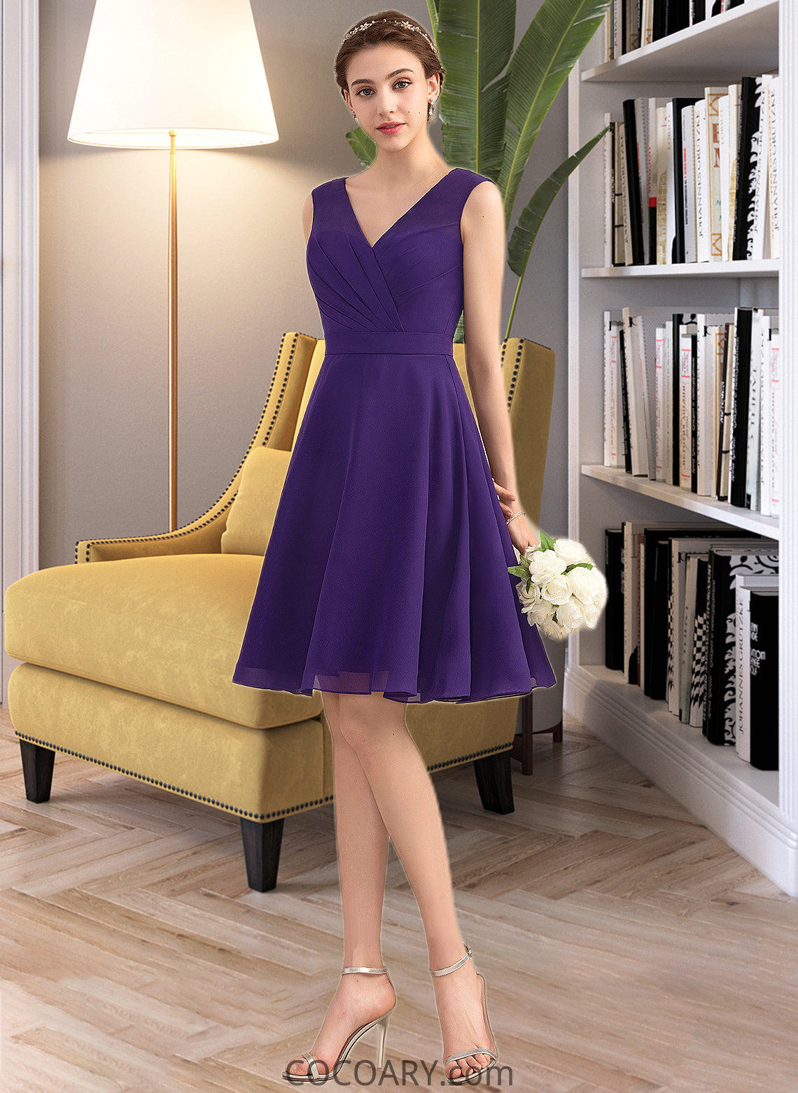 Kara A-Line V-neck Knee-Length Chiffon Bridesmaid Dress With Ruffle DA8P0013039