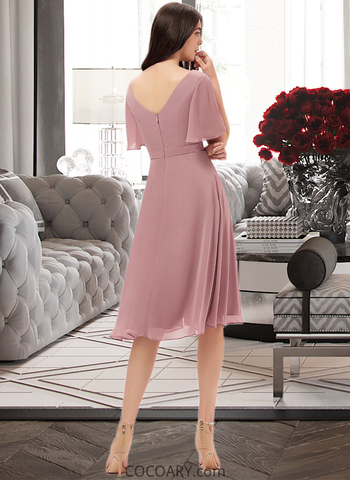 Elsie A-Line V-neck Knee-Length Chiffon Bridesmaid Dress With Split Front DA8P0013044