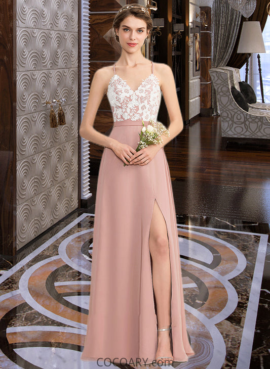 Averie A-Line V-neck Floor-Length Chiffon Lace Bridesmaid Dress With Split Front DA8P0013045