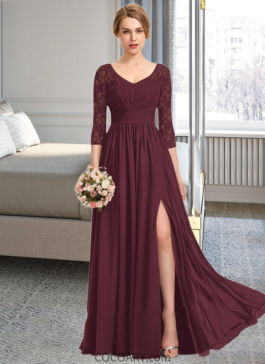 Ali A-Line V-neck Floor-Length Chiffon Lace Bridesmaid Dress With Ruffle Split Front DA8P0013051