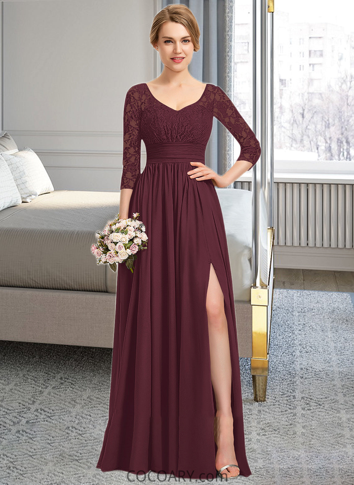 Ali A-Line V-neck Floor-Length Chiffon Lace Bridesmaid Dress With Ruffle Split Front DA8P0013051