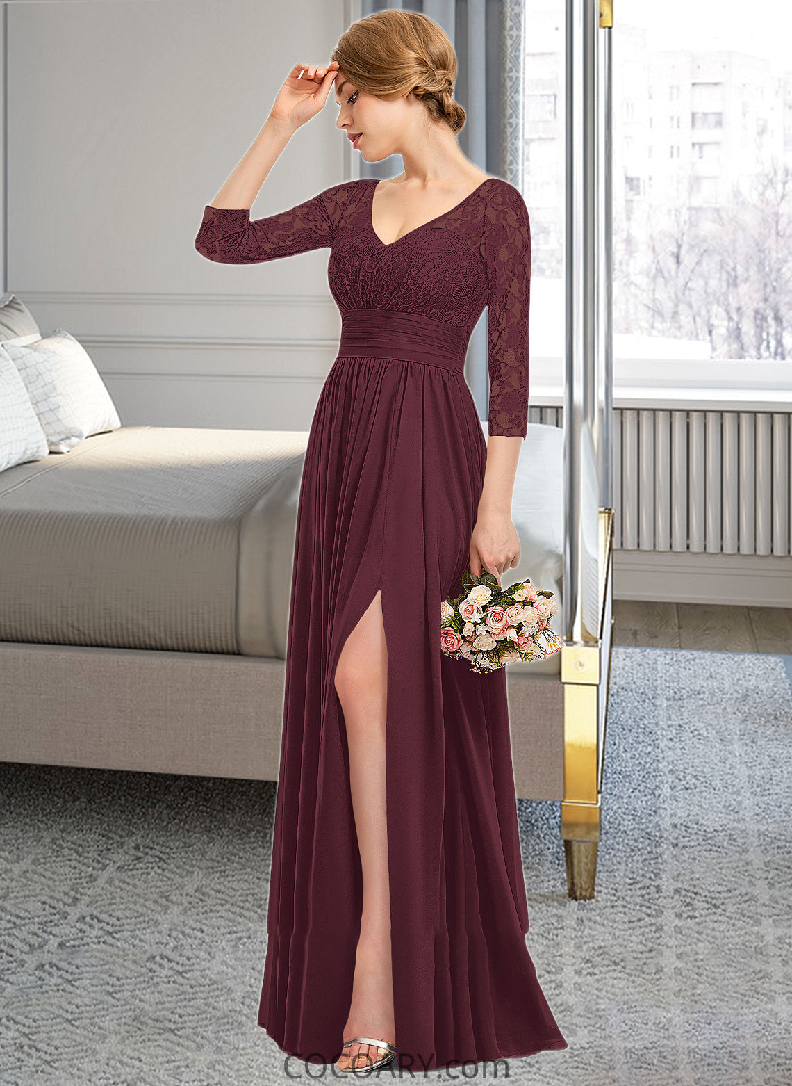 Ali A-Line V-neck Floor-Length Chiffon Lace Bridesmaid Dress With Ruffle Split Front DA8P0013051