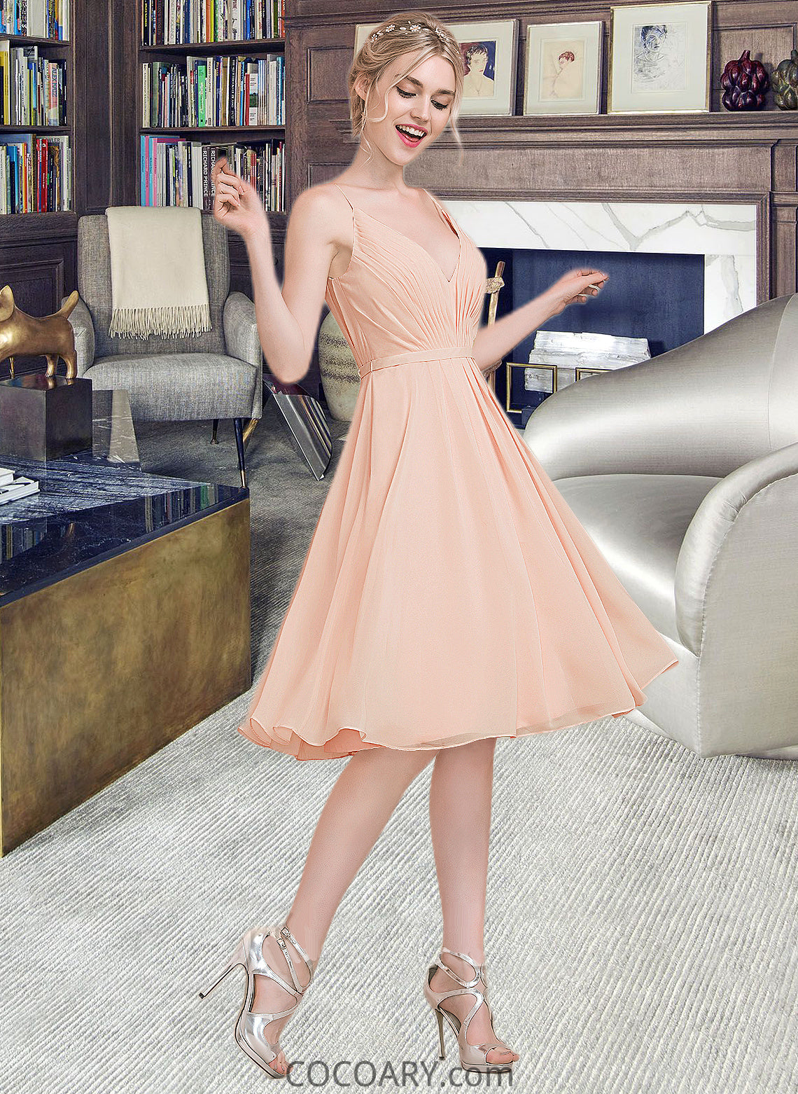 Victoria A-line V-Neck Knee-Length Chiffon Bridesmaid Dress With Ruffle DA8P0013053