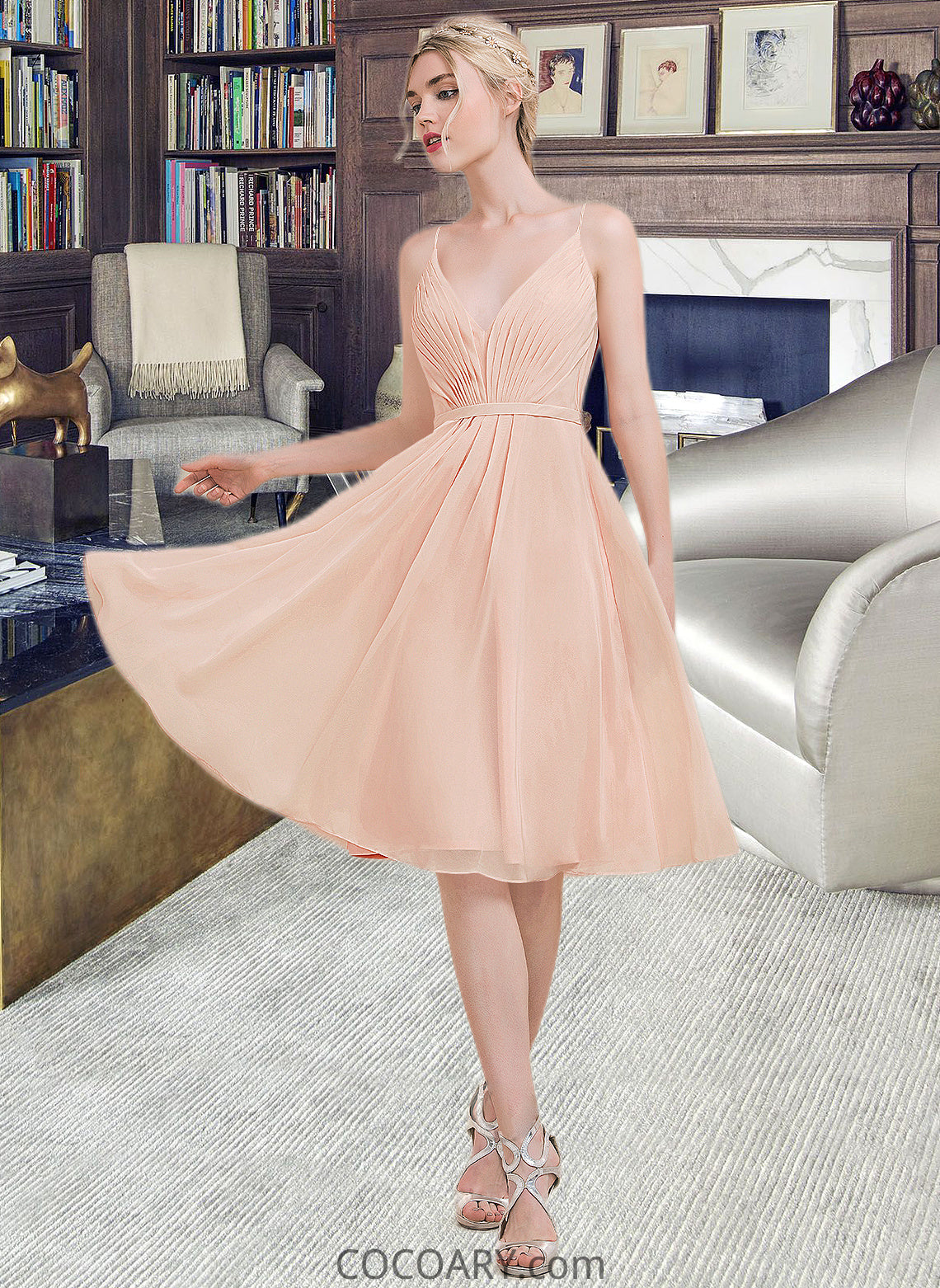 Victoria A-line V-Neck Knee-Length Chiffon Bridesmaid Dress With Ruffle DA8P0013053