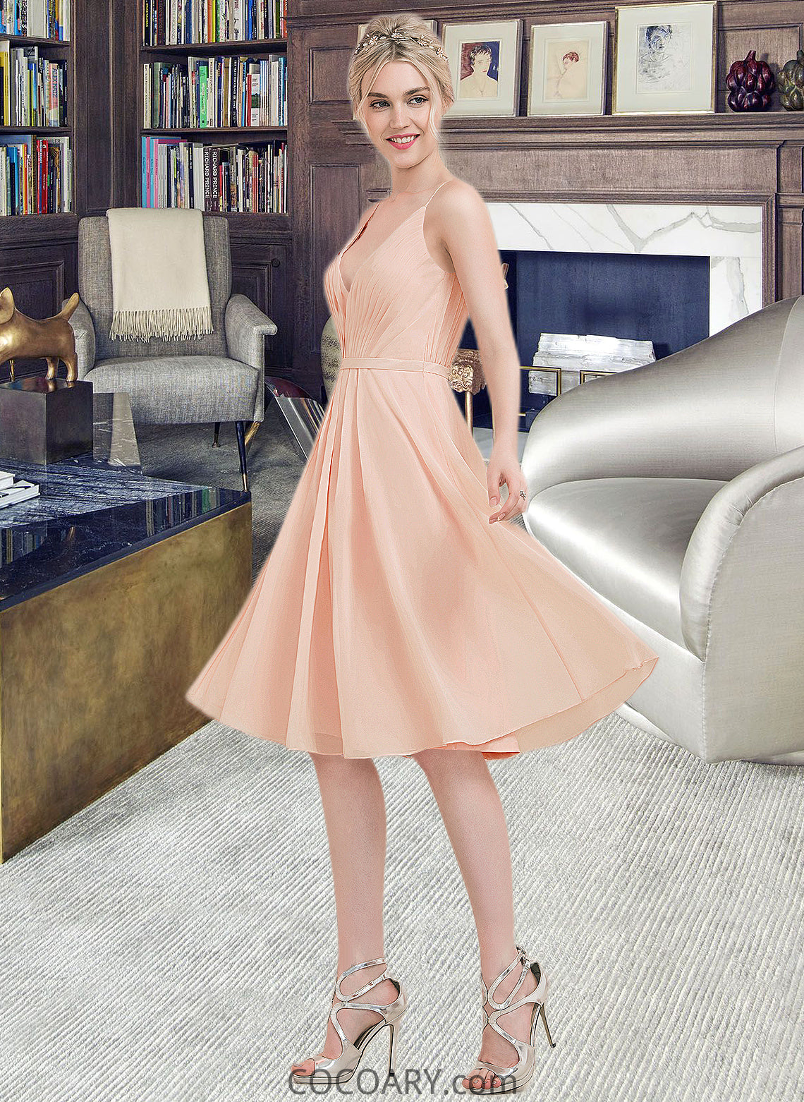 Victoria A-line V-Neck Knee-Length Chiffon Bridesmaid Dress With Ruffle DA8P0013053