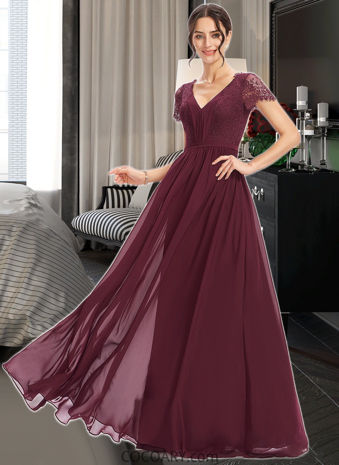 Aimee A-Line V-neck Floor-Length Bridesmaid Dress With Lace DA8P0013056