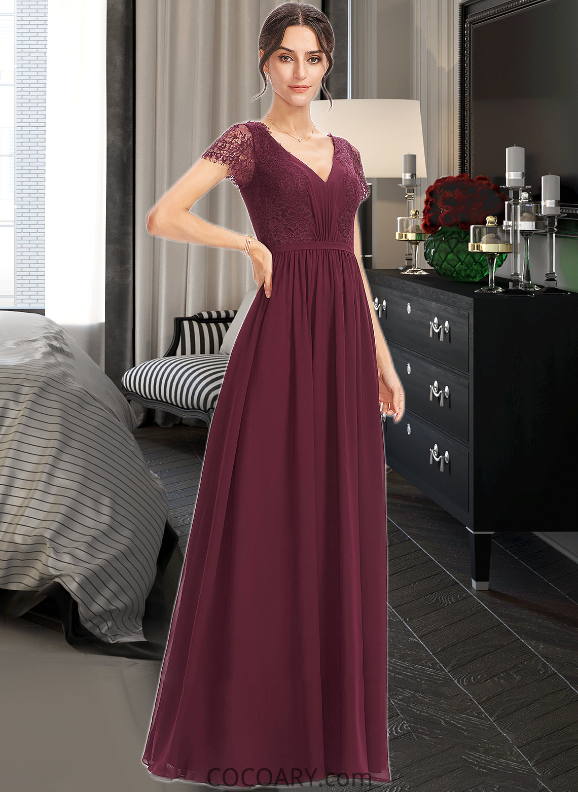 Aimee A-Line V-neck Floor-Length Bridesmaid Dress With Lace DA8P0013056