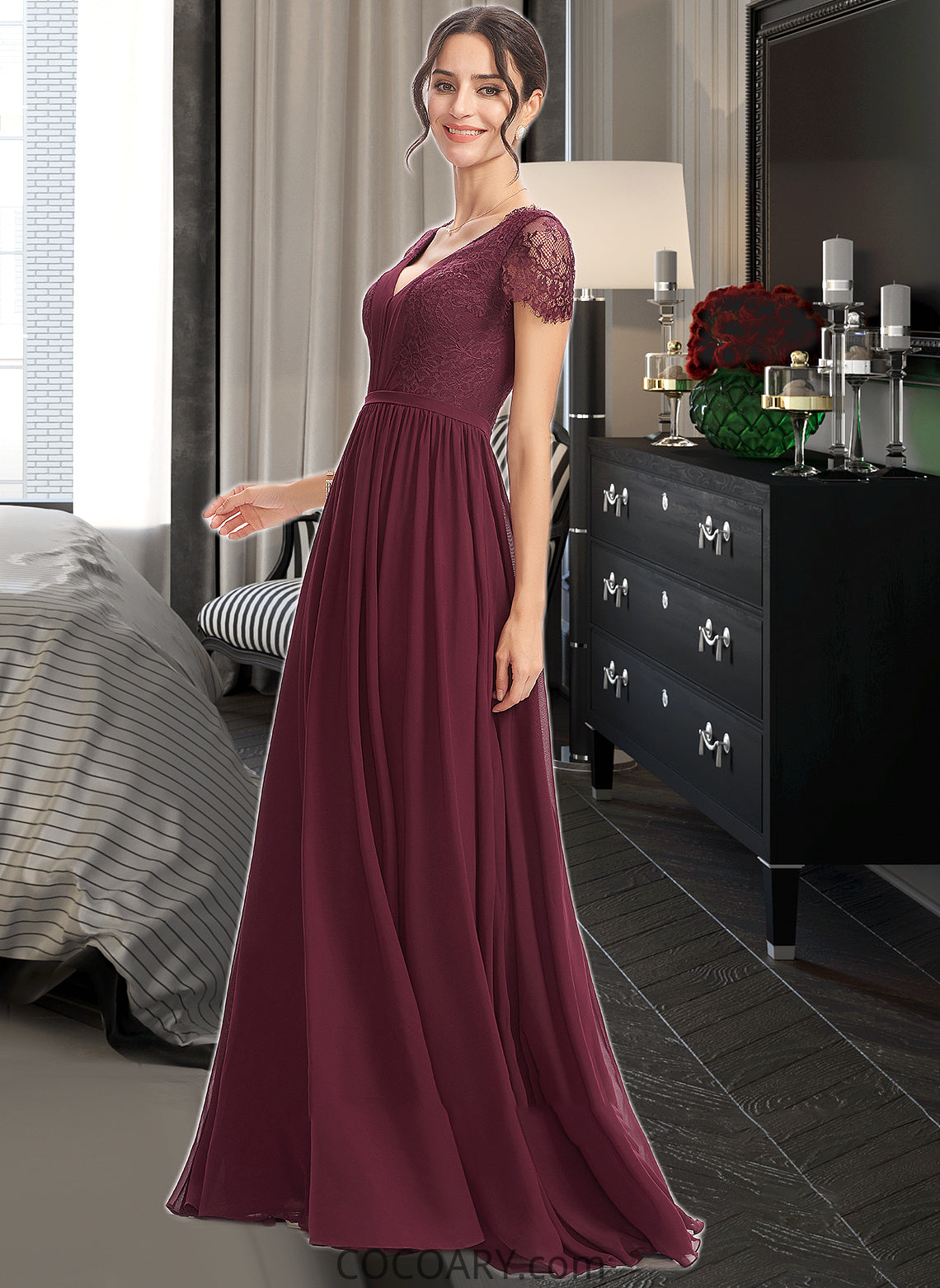 Aimee A-Line V-neck Floor-Length Bridesmaid Dress With Lace DA8P0013056