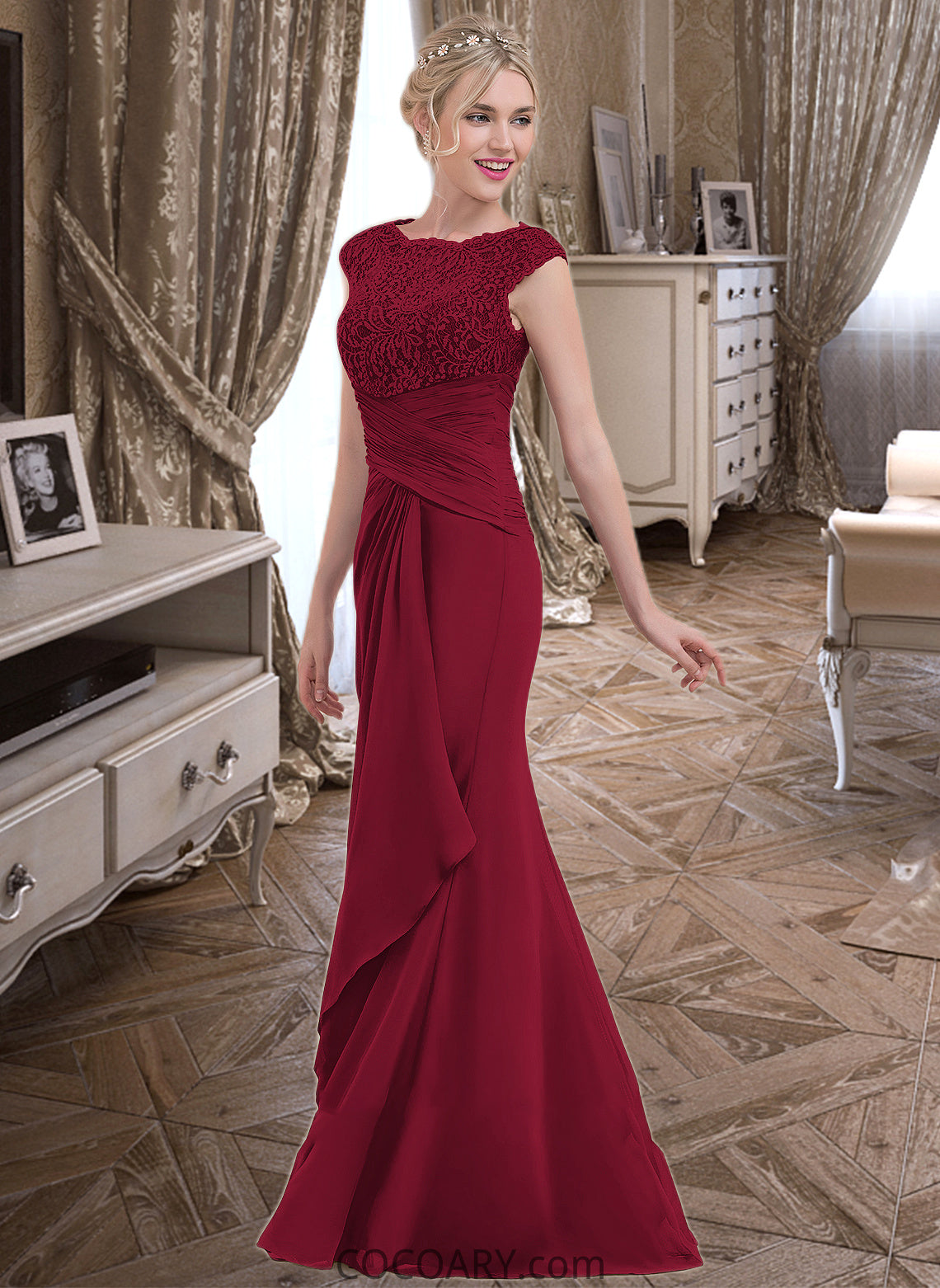 Laney Sheath/Column Scoop Neck Floor-Length Chiffon Lace Bridesmaid Dress With Cascading Ruffles DA8P0013057