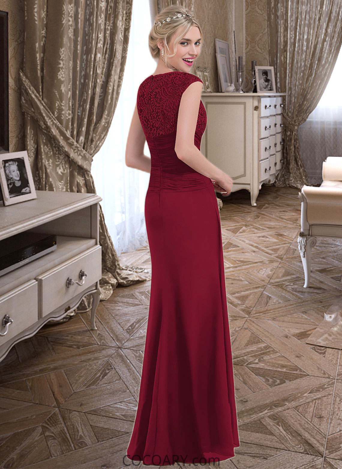 Laney Sheath/Column Scoop Neck Floor-Length Chiffon Lace Bridesmaid Dress With Cascading Ruffles DA8P0013057