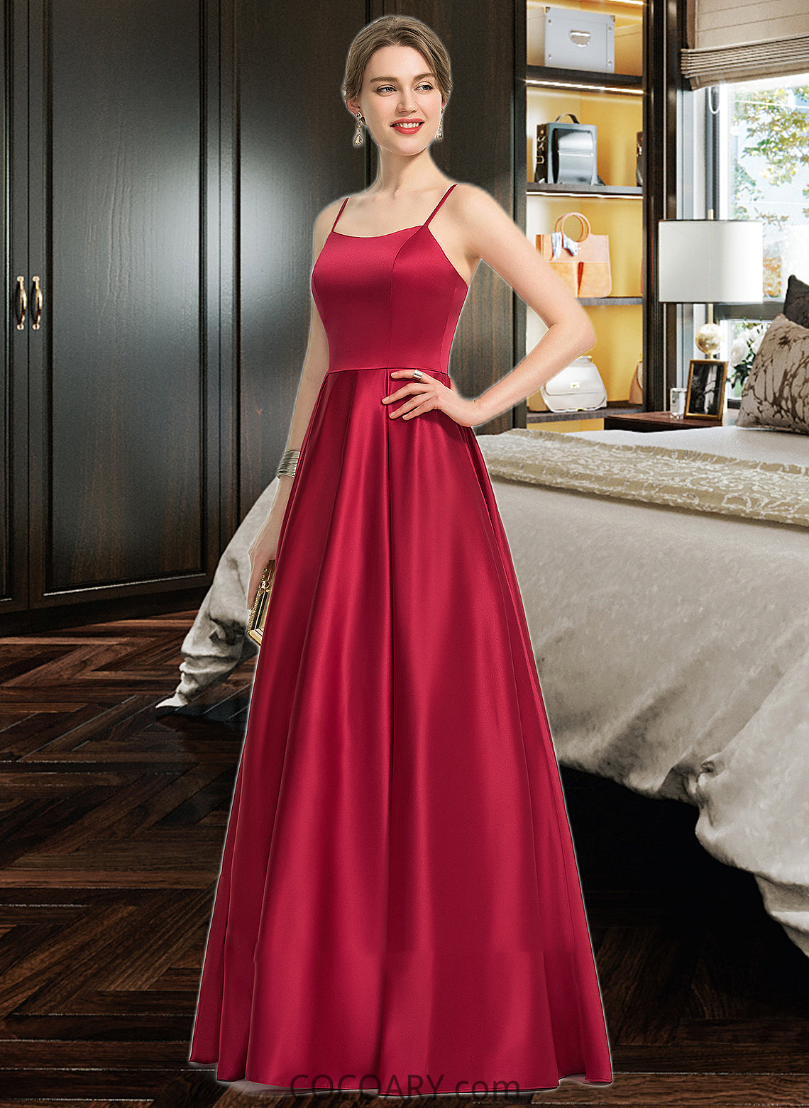 Ryleigh A-Line Square Neckline Floor-Length Satin Bridesmaid Dress DA8P0013060