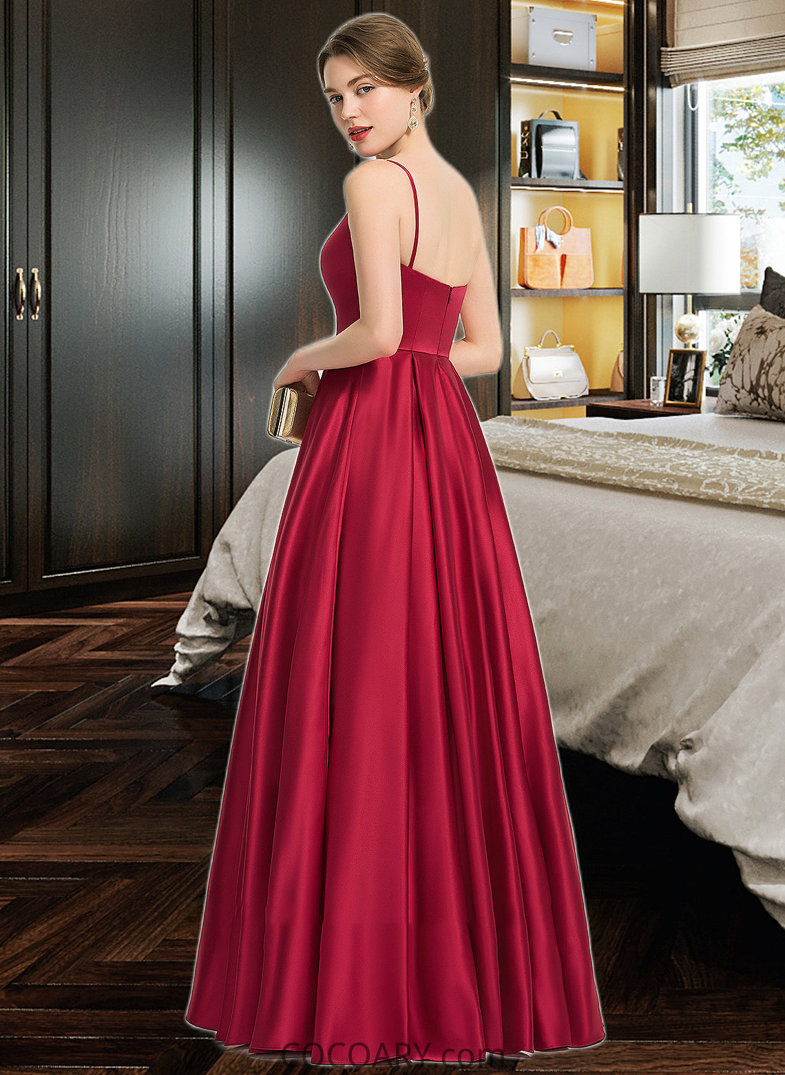 Ryleigh A-Line Square Neckline Floor-Length Satin Bridesmaid Dress DA8P0013060