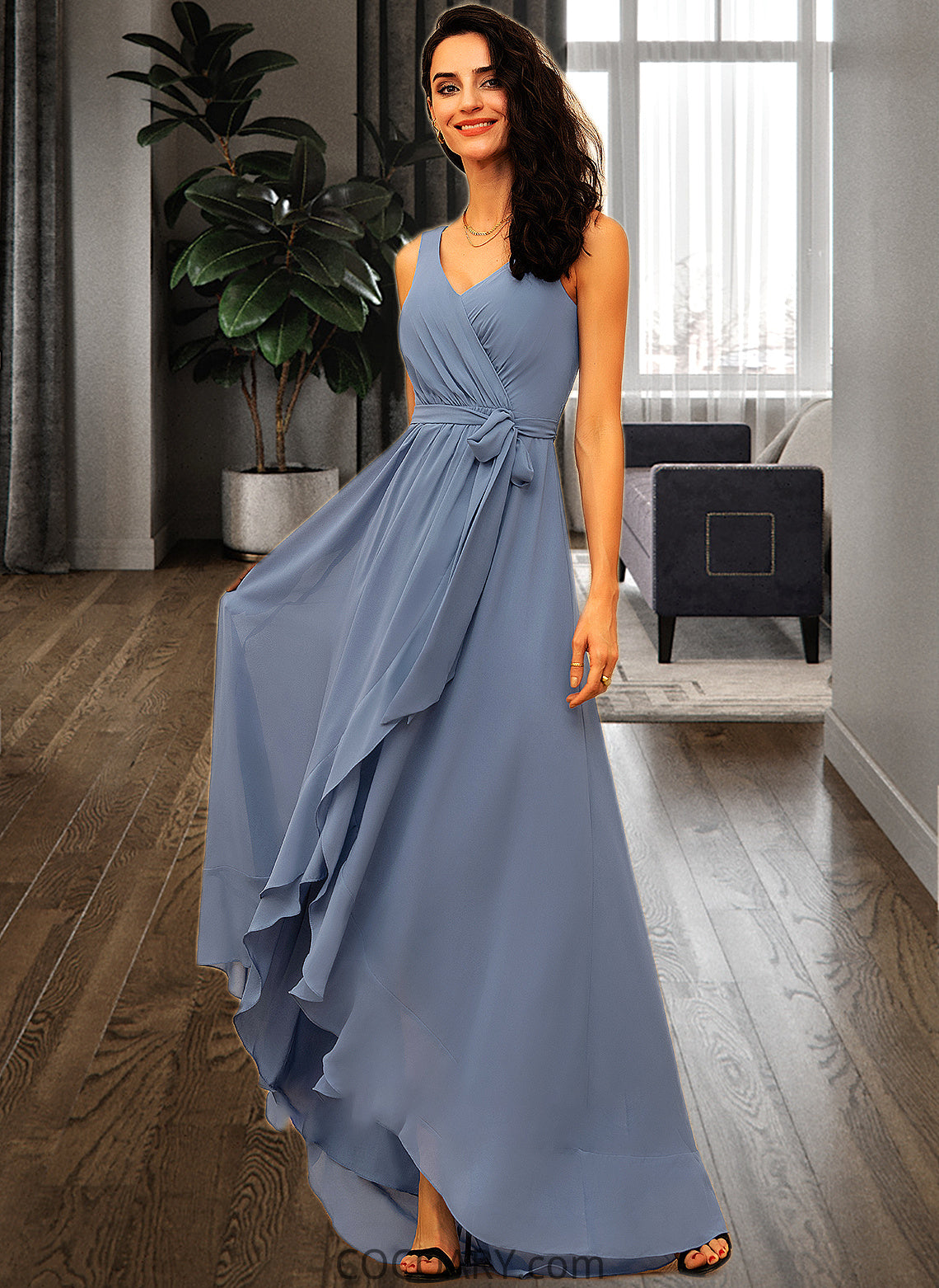 Gertrude A-LineV-neckAsymmetricalChiffonBridesmaidDressWithRuffleBow(s)#251387 DA8P0013061