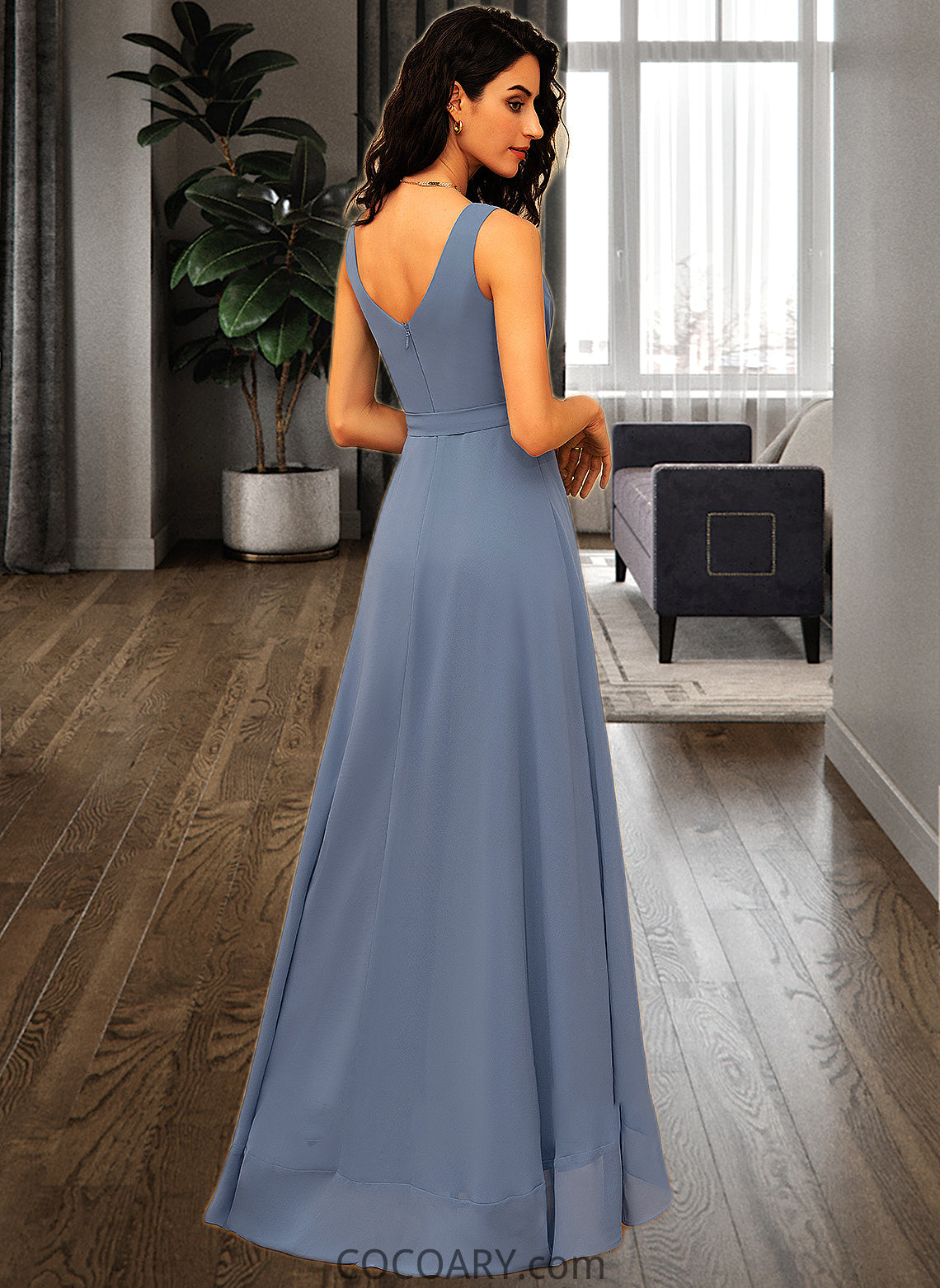 Gertrude A-LineV-neckAsymmetricalChiffonBridesmaidDressWithRuffleBow(s)#251387 DA8P0013061